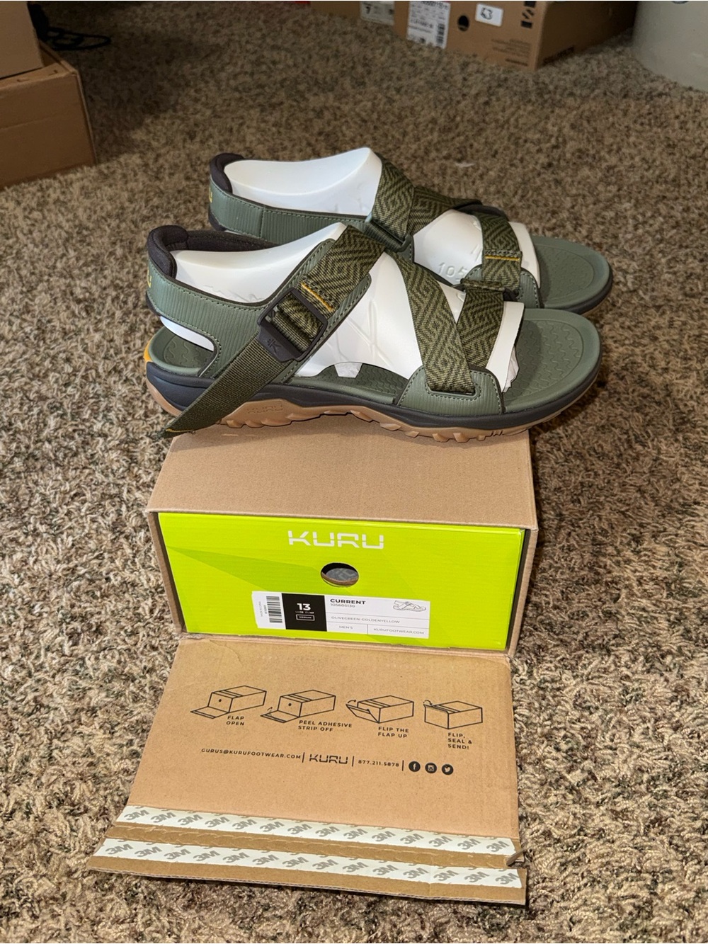 KURU CURRENT Waterproof Hiking Sandals Men Size 13 M olive green golden yellow